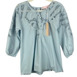 Valerie Khalfon Paris Noah Sky Blue Cotton Lace Accent 3/4 Sleeve Medium Blouse